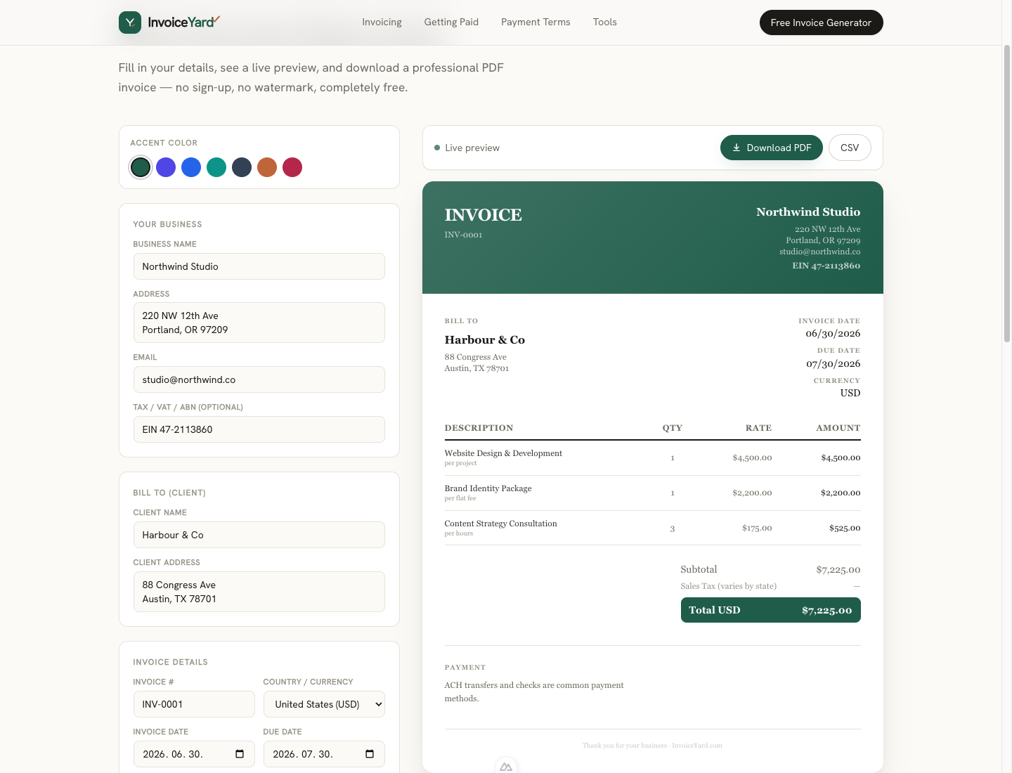 InvoiceYard's free invoice generator: a form on the left and a live, formatted invoice preview on the right