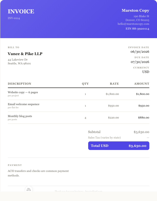 A clean, professional sample invoice for a copywriting project, produced by InvoiceYard's free generator