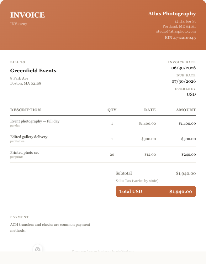 A clean finished photography invoice showing line items, tax, and payment terms