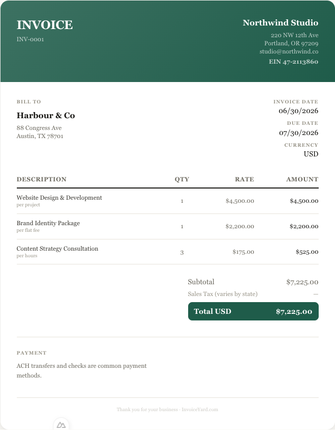 A complete sample invoice created with InvoiceYard's free generator, showing business and client details, line items, subtotal and total